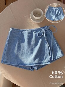 Comfortcana Celana Pendek Denim Kasual Wanita dengan Tali Pengikat, Serbaguna untuk Pemakaian Sehari-hari - Light Wash - View 1