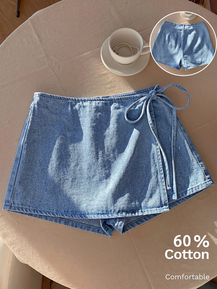 Comfortcana Celana Pendek Denim Kasual Wanita dengan Tali Pengikat, Serbaguna untuk Pemakaian Sehari-hari - Light Wash - View 1