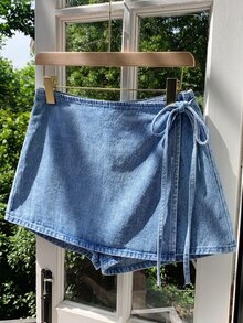 Comfortcana Celana Pendek Denim Kasual Wanita dengan Tali Pengikat, Serbaguna untuk Pemakaian Sehari-hari - Light Wash - View 3