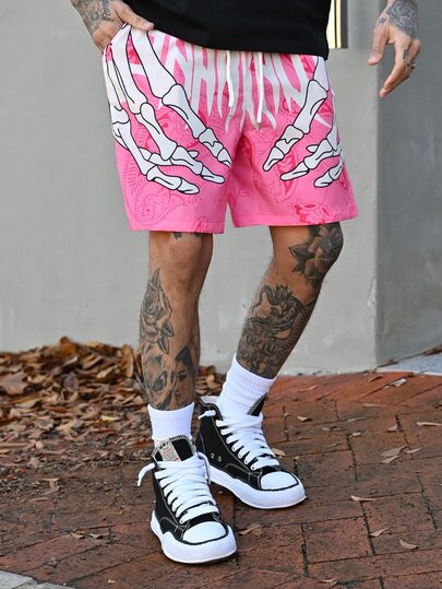 Devon Thys Men's Fashion Hawaiian Pattern Drawstring Waist Shorts With Skull Print, Ideal For Beach, Pool And Holiday