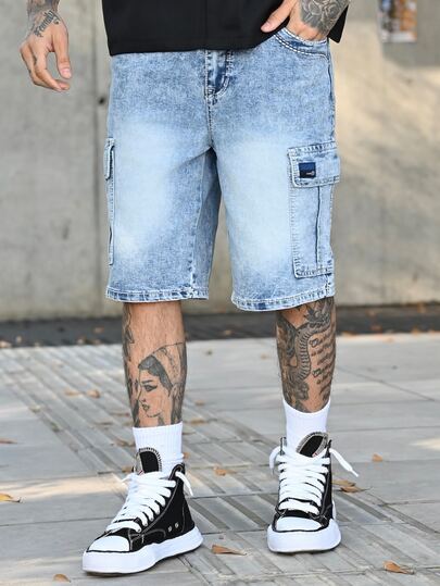 Devon Thys Men's Multi-Pocket Denim Shorts, Elastic Embroidered Cargo Bermuda Shorts Jorts