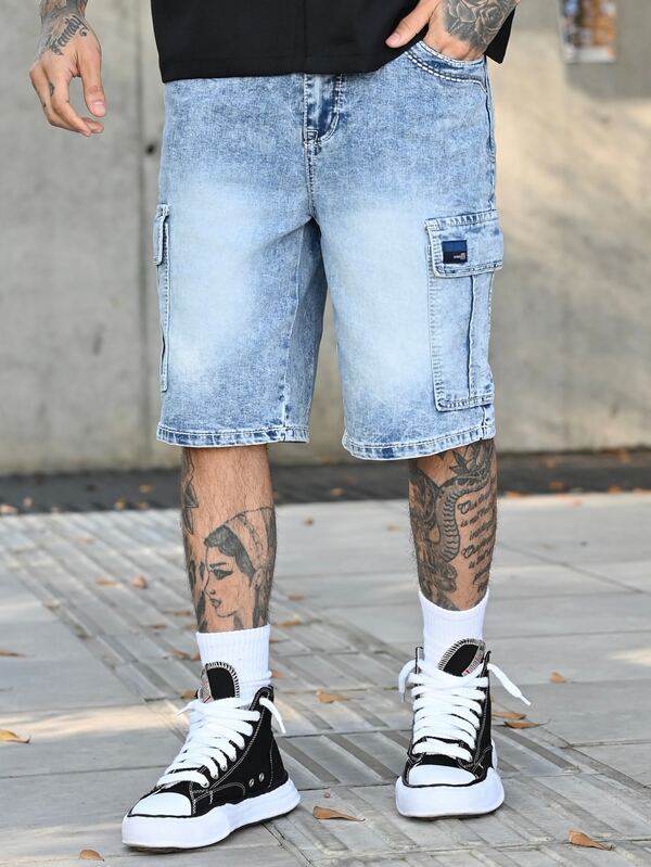 Devon Thys Shorts vaqueros con múltiples bolsillos para hombre, pantalones cortos tipo bermuda de carga con bordado elástico