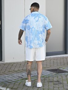 Devon Thys 夏威夷花卉纹理印花男式纽扣口袋短袖衬衫 - 淺藍色 - 查看 5