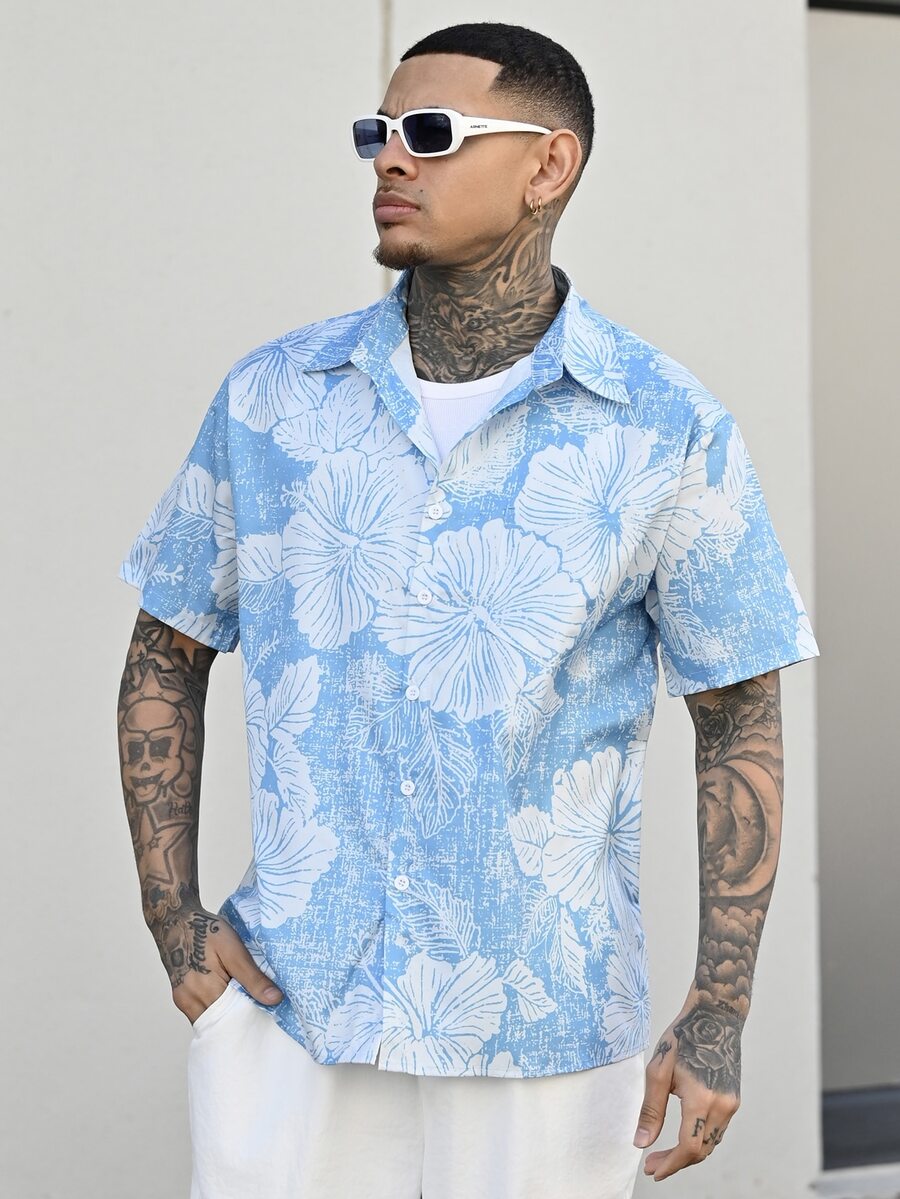 Devon Thys 夏威夷花卉纹理印花男式纽扣口袋短袖衬衫 - 淺藍色 - 查看 1
