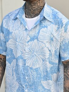 Devon Thys 夏威夷花卉纹理印花男式纽扣口袋短袖衬衫 - 淺藍色 - 查看 6