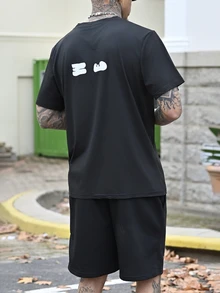 Devon Thys 2 件男士街头风格白色文字图案印花短袖 T 恤和短裤套装 - 黑色 - 查看 2