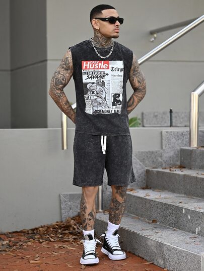 Devon Thys Shwiy 男士春夏水洗黑色修身抽绳短裤两件套，简约时尚报纸印花无袖背心，休闲卡通字母印花马甲，适合日常穿着