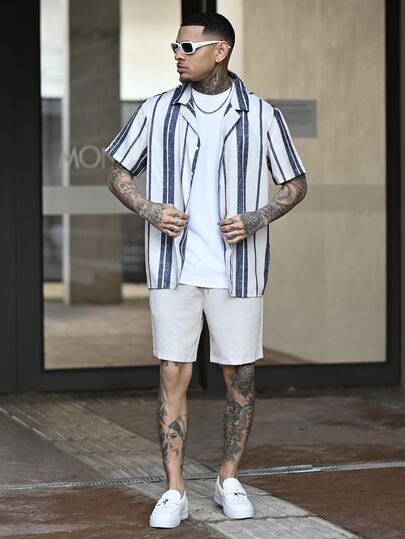 Devon Thys 男士 Polo 领条纹短袖衬衫和短裤套装，时尚基本款特色服装，适合日常、户外、运动和休闲场合，男士行政西装必备
