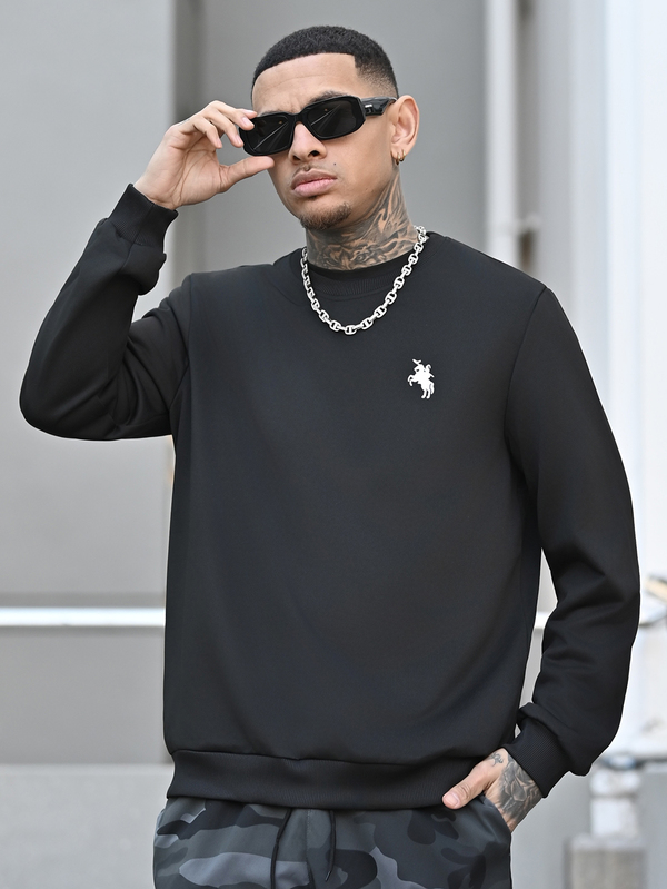 Devon Thys Men's Casual Everyday Commute Minimalist Horseback Riding Print Fitted Crew Neck Sweatshirt, Spring/Autumn