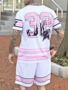 Devon Thys 男士休闲圆领T恤套装，醒目的“32”纽约数字设计，黑白条纹图案 - 彩色 - 查看 2