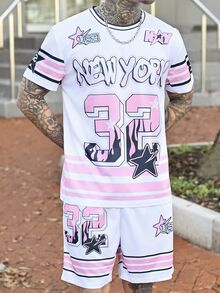 Devon Thys 男士休闲圆领T恤套装，醒目的“32”纽约数字设计，黑白条纹图案 - 彩色 - 查看 3