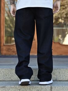 Devon Thys Grunge Goth Y2K 男士时尚休闲街头宽松个性化年轻运动学院直筒街头十字刺绣纯色四季牛仔裤 - 黑色 - 查看 6