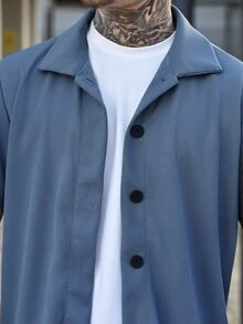 Devon Thys Men's Casual Solid Color Short Sleeve Shirt, Versatile And For Office/Daily Wear, Spring - Dusty Blue - View 6