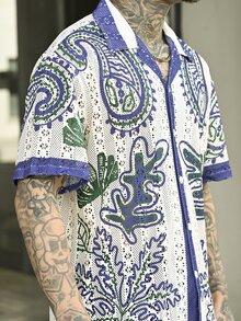 Devon Thys 男女通用印花衬衫，黑白几何图案，波西米亚夏威夷风，情侣款，镂空格纹，休闲外向，年轻人款，休闲度假衬衫，情人节礼物，短袖，夏威夷风 - 杏色 - 查看 6