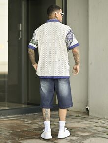 Devon Thys 男女通用印花衬衫，黑白几何图案，波西米亚夏威夷风，情侣款，镂空格纹，休闲外向，年轻人款，休闲度假衬衫，情人节礼物，短袖，夏威夷风 - 杏色 - 查看 5