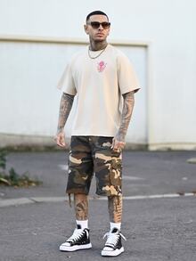 Devon Thys 1pc Men's Fashionable Printed Loose Fit Short Sleeve T-Shirt | Exquisite Design | Essential For Summer | Easy To Match, Showcasing Your Style - Apricot - View 3