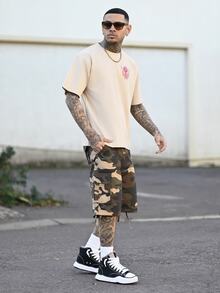 Devon Thys 1pc Men's Fashionable Printed Loose Fit Short Sleeve T-Shirt | Exquisite Design | Essential For Summer | Easy To Match, Showcasing Your Style - Apricot - View 4