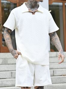 Devon Thys Men's Casual Commuting Homewear Solid Color Versatile Sports Breathable Diamond Pattern Set - White - View 3