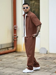 Devon Thys Men's Slim Fit Comfortable Summer New Thin Zip-Up Set, Casual Street Style Short Sleeve Top And Long Pants 2-Piece Outfit, Suitable For Spring/Summer, Outdoor & Daily Wear (Zipper Closure) - Brown - View 9