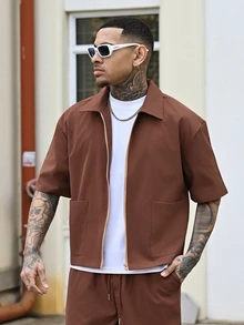 Devon Thys Men's Slim Fit Comfortable Summer New Thin Zip-Up Set, Casual Street Style Short Sleeve Top And Long Pants 2-Piece Outfit, Suitable For Spring/Summer, Outdoor & Daily Wear (Zipper Closure) - Brown - View 4