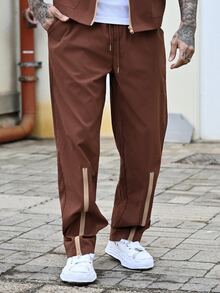 Devon Thys Men's Slim Fit Comfortable Summer New Thin Zip-Up Set, Casual Street Style Short Sleeve Top And Long Pants 2-Piece Outfit, Suitable For Spring/Summer, Outdoor & Daily Wear (Zipper Closure) - Brown - View 6