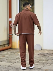 Devon Thys Men's Slim Fit Comfortable Summer New Thin Zip-Up Set, Casual Street Style Short Sleeve Top And Long Pants 2-Piece Outfit, Suitable For Spring/Summer, Outdoor & Daily Wear (Zipper Closure) - Brown - View 3