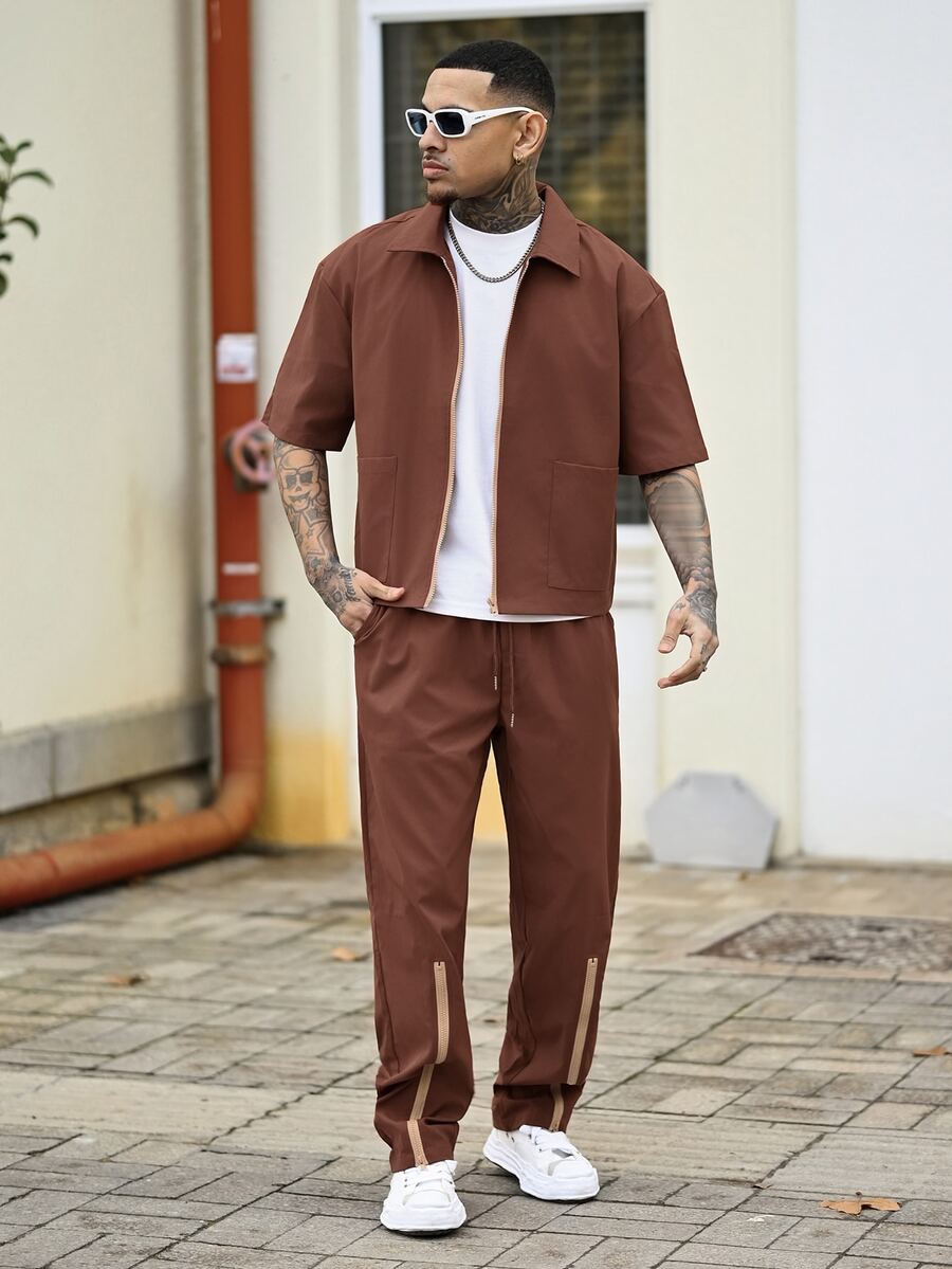 Devon Thys Men's Slim Fit Comfortable Summer New Thin Zip-Up Set, Casual Street Style Short Sleeve Top And Long Pants 2-Piece Outfit, Suitable For Spring/Summer, Outdoor & Daily Wear (Zipper Closure)