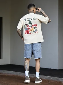 Devon Thys 男士印花T恤，沙滩夏季穿着，宽松短袖T恤 - 杏色 - 查看 1
