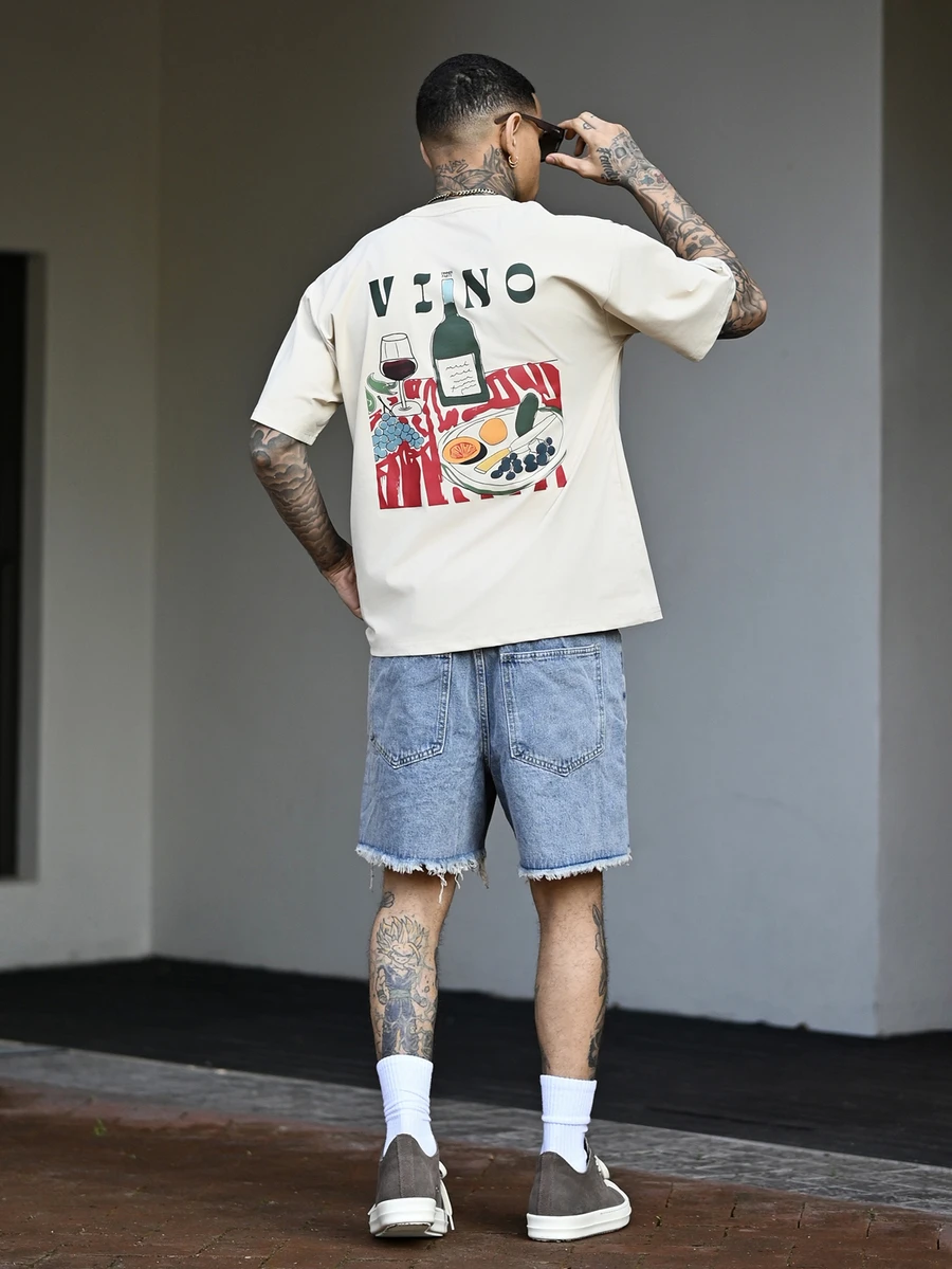 Devon Thys 男士印花T恤,沙滩夏季穿着,宽松短袖T恤 - 杏色 - 查看 1