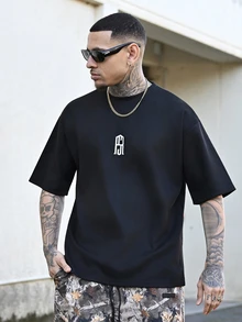 Devon Thys Men's Letter Print Dropped Shoulder Loose T-Shirt - Black - View 5