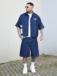 Devon Thys Globe Swift 男士刺绣印花牛仔短裤，Emo 风格 - 深色水洗藍 - 查看 2