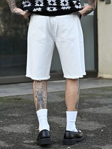 Devon Thys 男士休闲纯色破洞流苏牛仔短裤，夏季 - 白色 - 查看 2