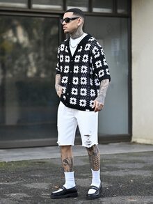 Devon Thys 男士休闲纯色破洞流苏牛仔短裤，夏季 - 白色 - 查看 4