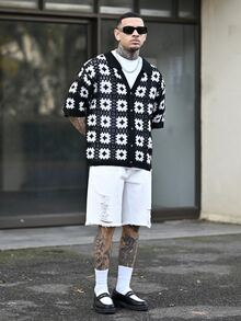 Devon Thys 男士休闲纯色破洞流苏牛仔短裤，夏季 - 白色 - 查看 1
