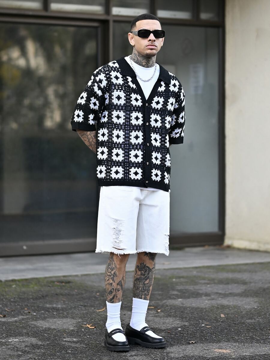 Devon Thys 男士休闲纯色破洞流苏牛仔短裤,夏季 - 白色 - 查看 1