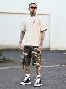 Devon Thys 男士/男童迷彩工装短裤，宽松直筒休闲短裤，带口袋，夏季街头风格 - 卡其色 - 查看 1