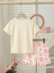 SHEIN 2pcs/Set Teen Girl Summer Cute Beige Family Matching Shell Print Round Neck Top & Tight Shorts Knit Comfortable Casual Pajama Set,Snug Fit - Apricot - View 2