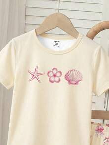 SHEIN 2pcs/Set Teen Girl Summer Cute Beige Family Matching Shell Print Round Neck Top & Tight Shorts Knit Comfortable Casual Pajama Set,Snug Fit - Apricot - View 3
