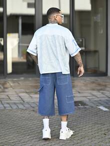 Devon Thys 街头风格V领短袖数码印花宽松男式T恤 - 淺藍色 - 查看 5