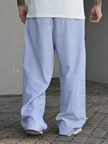 Devon Thys 男士休闲宽松条纹拼布腰直筒梭织裤，现代日常穿着，学校，秋季 - 藍色 - 查看 2