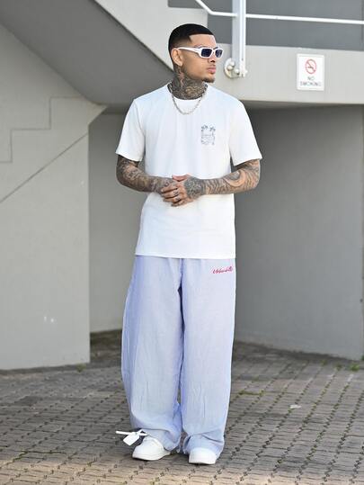 Devon Thys 男士休闲宽松条纹拼布腰直筒梭织裤，现代日常穿着，学校，秋季