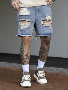Devon Thys 男士夏季休闲做旧水洗牛仔短裤，Emo 风格 - 藍色 - 查看 4