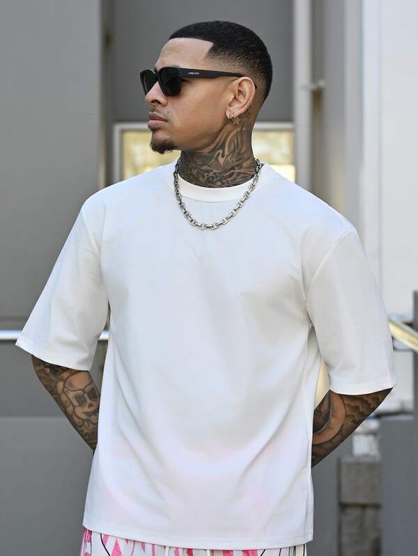 Devon Thys Standard Size Men's White Boxy Crop T-Shirt, Summer