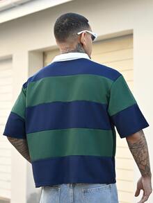 Devon Thys 男士针织休闲日常宽松短袖纽扣 Polo 衫 - 墨綠色 - 查看 2