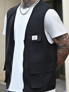 Devon Thys 宽松男士字母贴布细节翻盖口袋背心（不含T恤），秋季、冬季、情侣装 - 黑色 - 查看 6