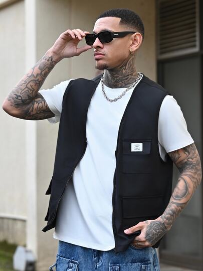 Devon Thys Loose Fit Men's Letter Patched Detail Flap Pocket Vest (No T-Shirt), Fall, Winter, Couple Things