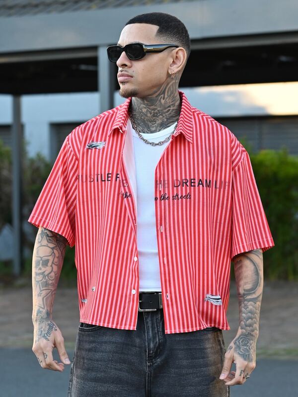 Devon Thys Men's Letter Striped Short Sleeve Single-Breasted Casual Cropped Shirt