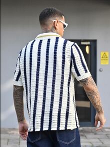 Devon Thys 男士条纹短袖镂空单排扣休闲针织上衣 - 彩色 - 查看 2