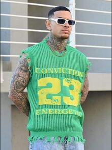 Devon Thys 男式字母图案做旧 V 领休闲针织背心 - 綠色 - 查看 5
