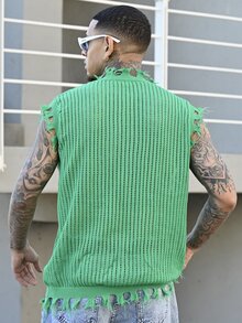 Devon Thys 男式字母图案做旧 V 领休闲针织背心 - 綠色 - 查看 2